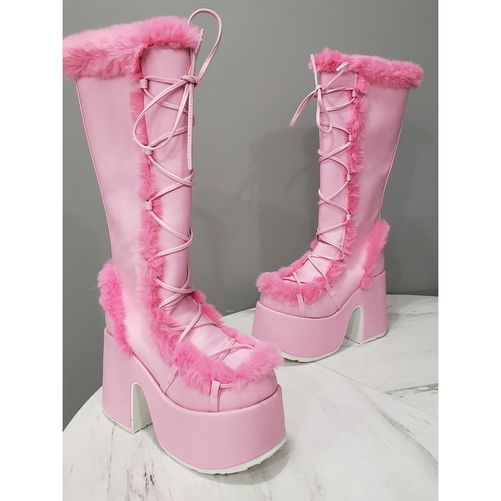 SZ 12 Demonia Camel-311 Pink Faux Fur Boot gogo bratz y2k platform rave festival